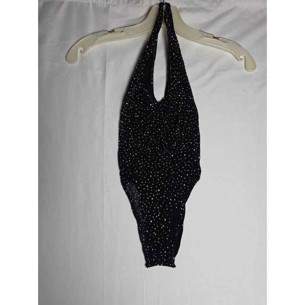 CalExotics Black Rhinestone Fishnet Halter Bodysuit High Cut Mesh Lingerie